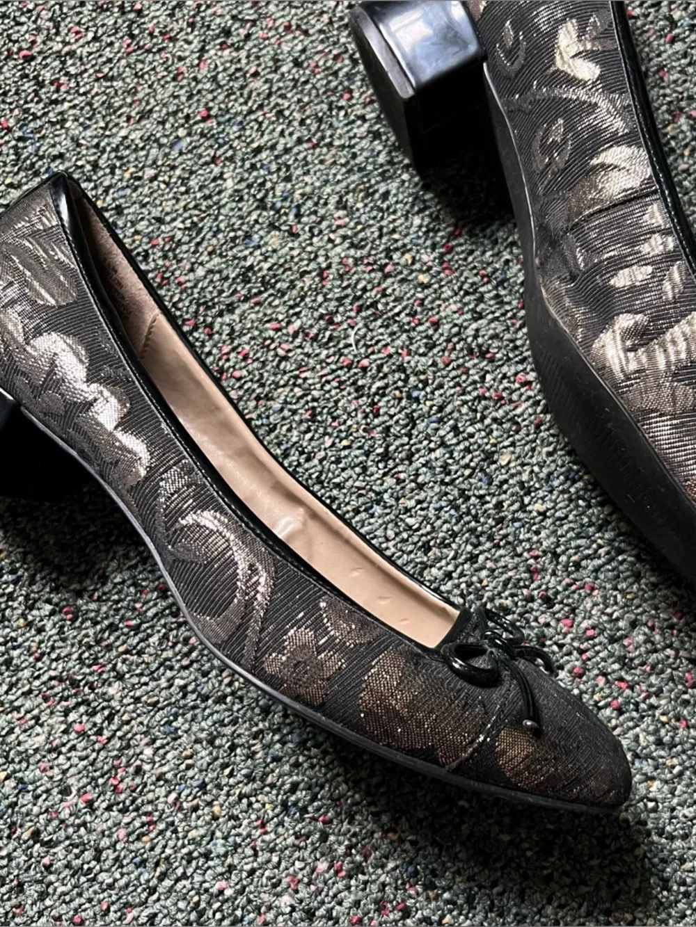 Tapestry Jacquard Fabric Square-Toe Bow Ballet Flats Low Block Heel Shoes Sz 8.5
